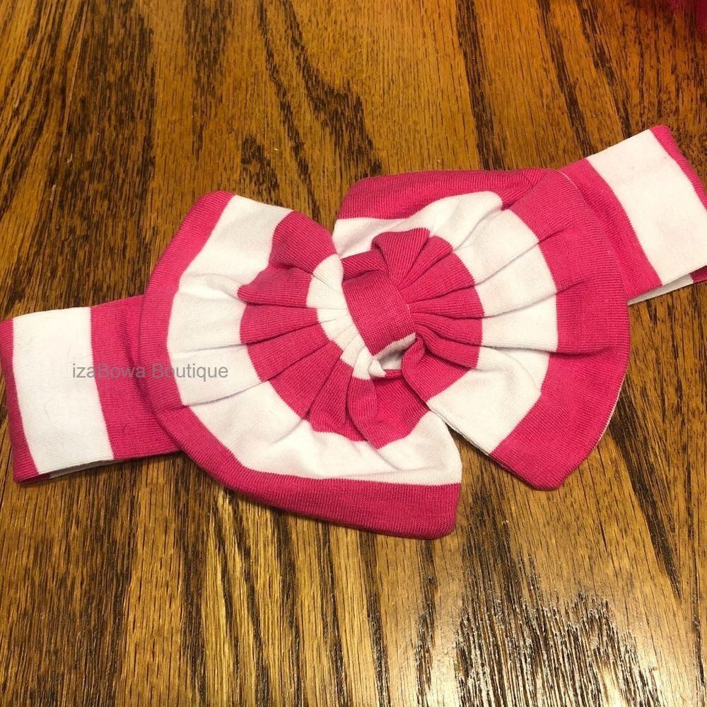 Hot Pink and White Wide Stripe Cotton Big Bow Headband  (2)  HB133 Handmade NWT